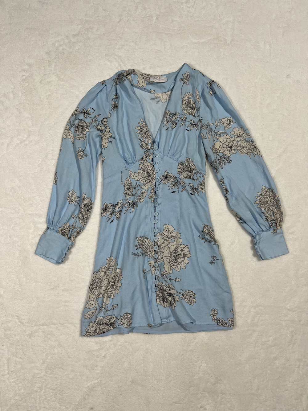 Hallelu‎ Blue Floral Long Sleeve Mini Dress Button Front V-Neck DSD-22043B Small